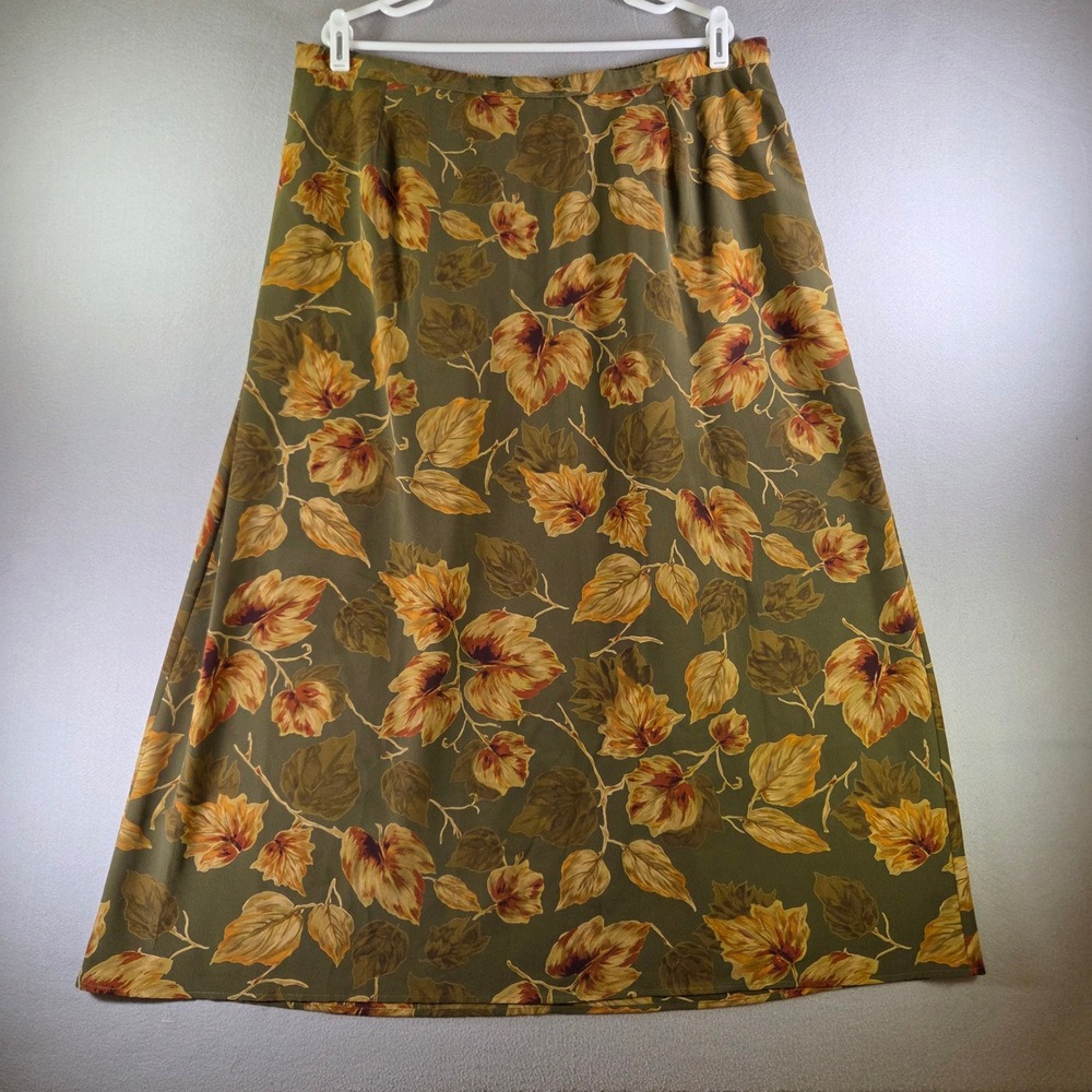 First Issue Woman Liz Claiborne Vintage 90s Green Leaf Print Midi Skirt 22W Fall - Picture 1 of 4